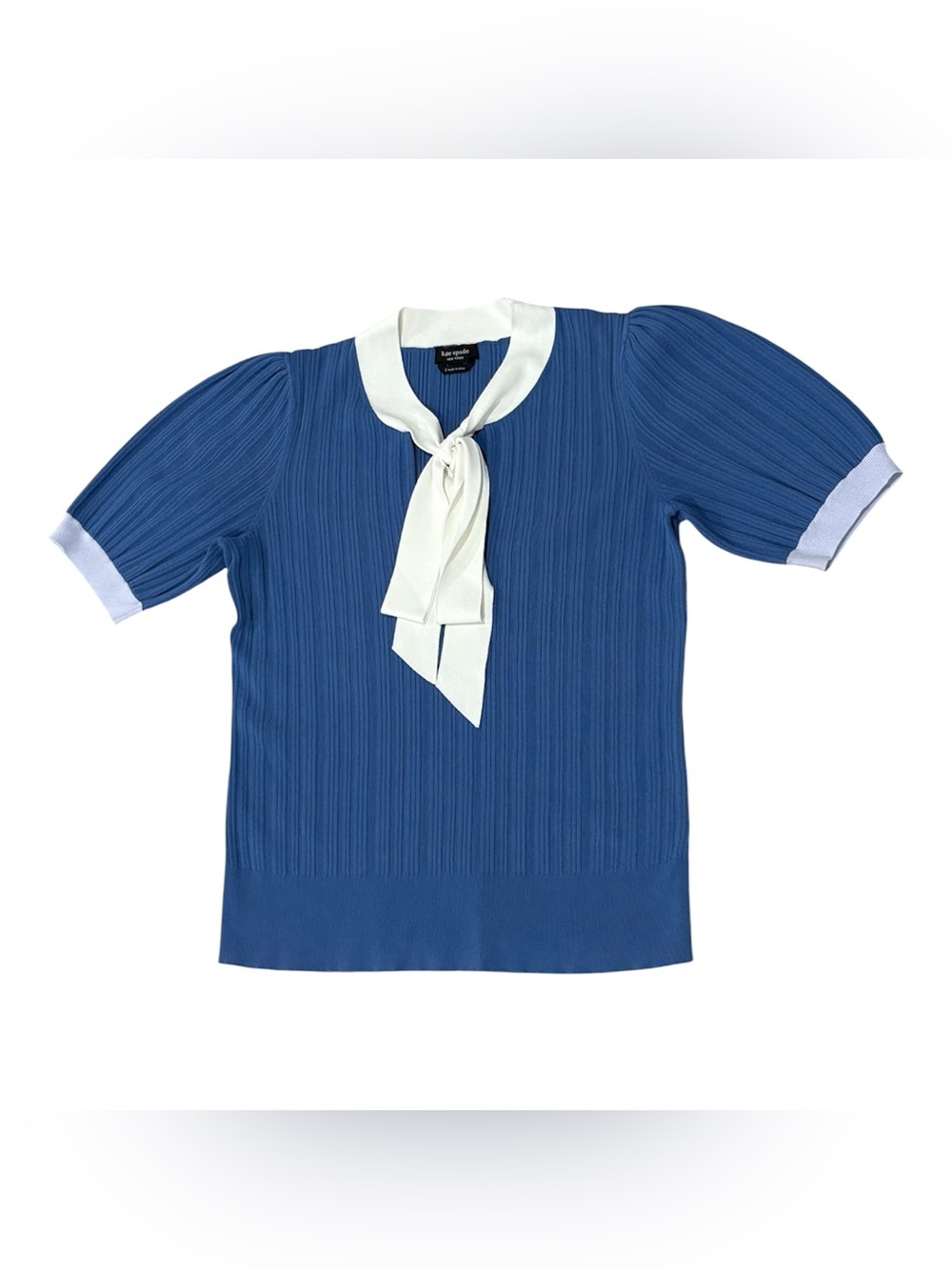 kate spade new york Blue Rib-Knit Crew Neck Puff Sleeve Bow Sweater L